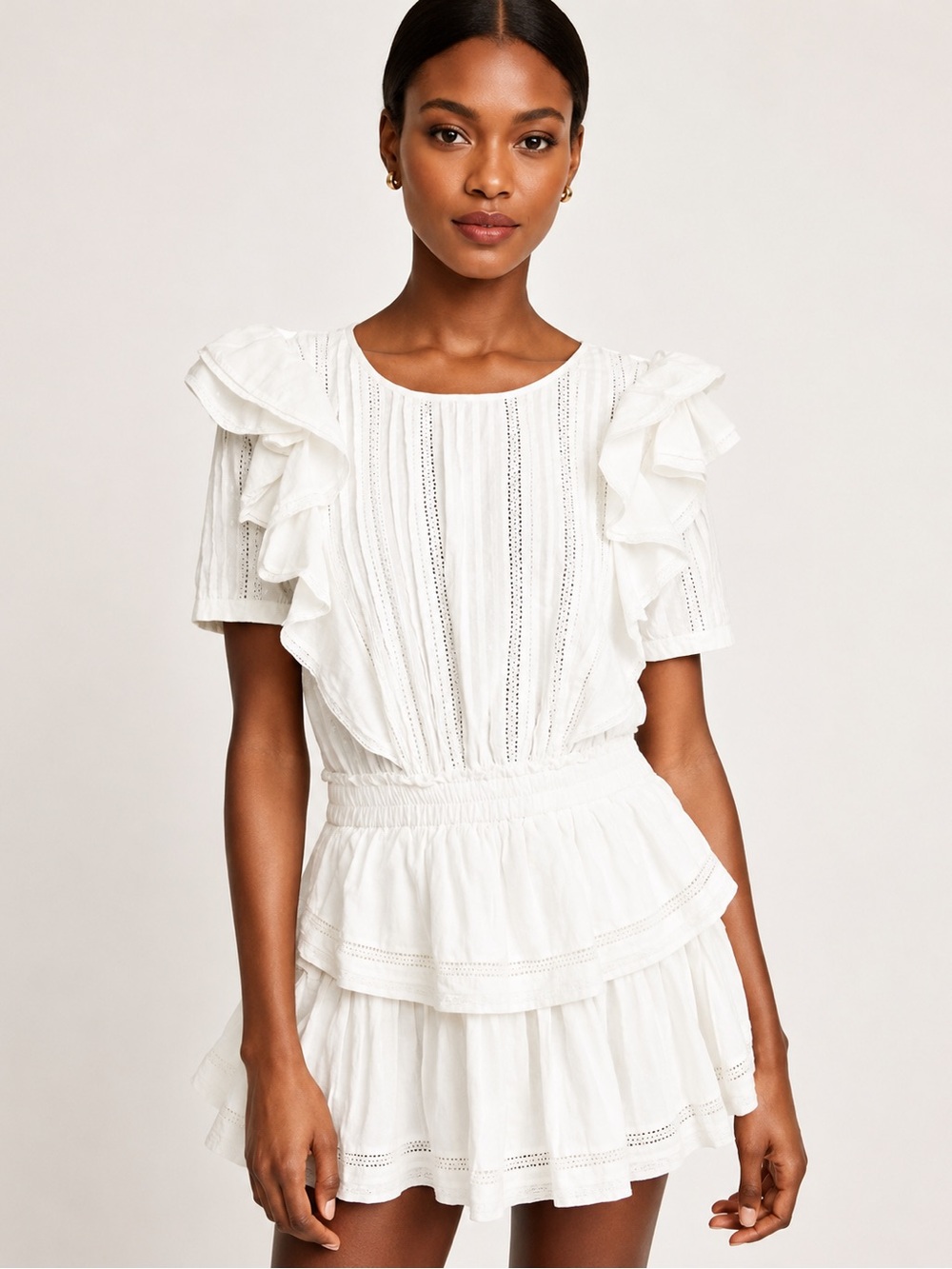 The Post White Ruffle Lace Trim Mini Dress Women’s Small Cotton Rayon